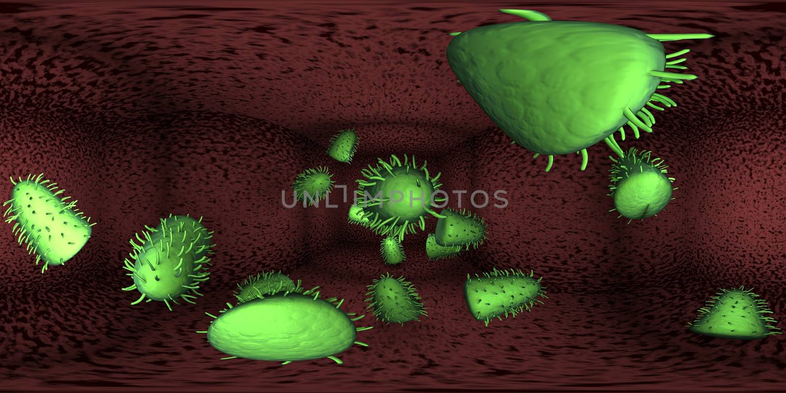 3d rendering Microscope virus- bacteria close up.  Equirectangular  360 VR image.  The medical panoramic background.