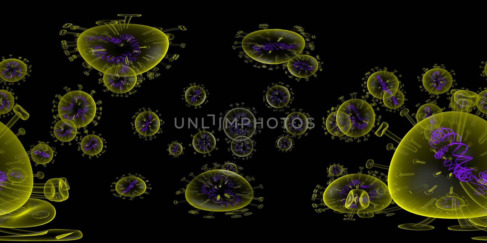 3d rendering Microscope virus- bacteria close up.  Equirectangular  360 VR image.  The medical panoramic background.