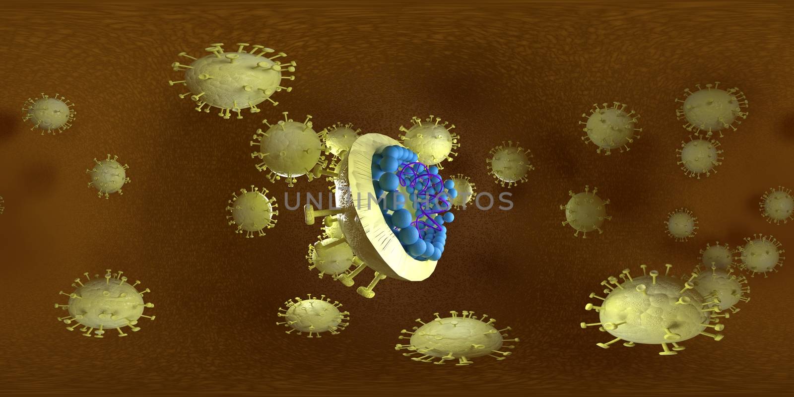 3d rendering Microscope virus- bacteria close up.  Equirectangular  360 VR image.  The medical panoramic background.