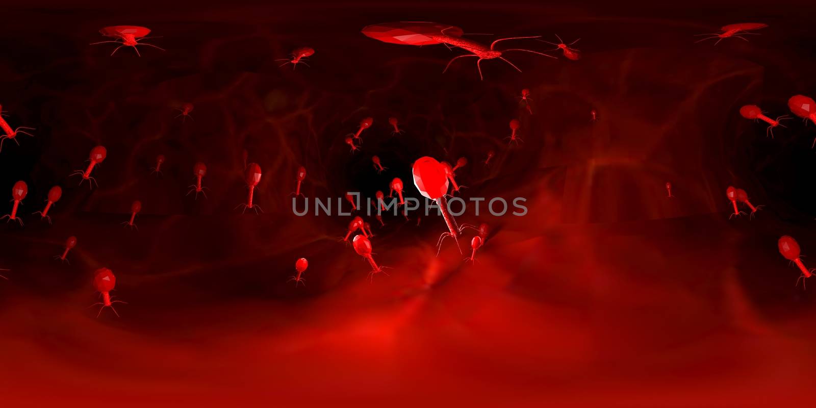 3d rendering Microscope virus- bacteria close up.  Equirectangular  360 VR image.  The medical panoramic background.
