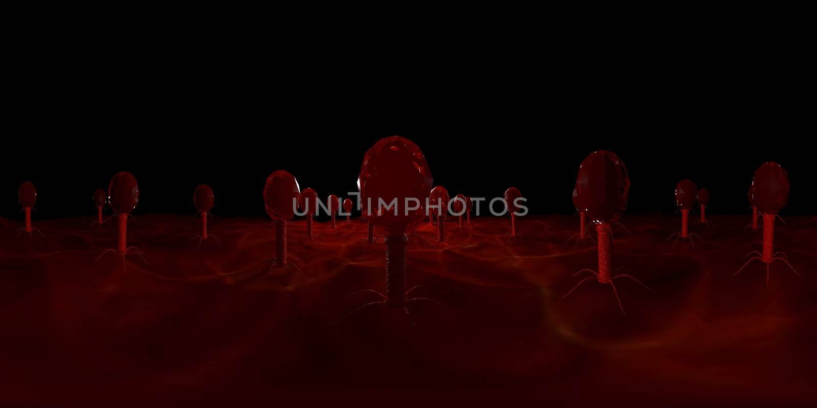 3d rendering Microscope virus- bacteria close up.  Equirectangular  360 VR image.  The medical panoramic background.