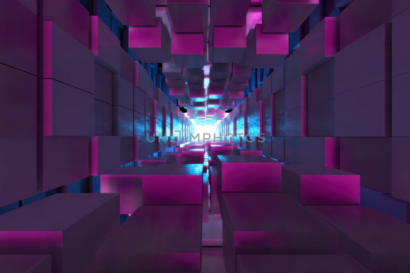 3d render,Abstract image of the cube background, the path to the light, Plastic Pink and Blue background