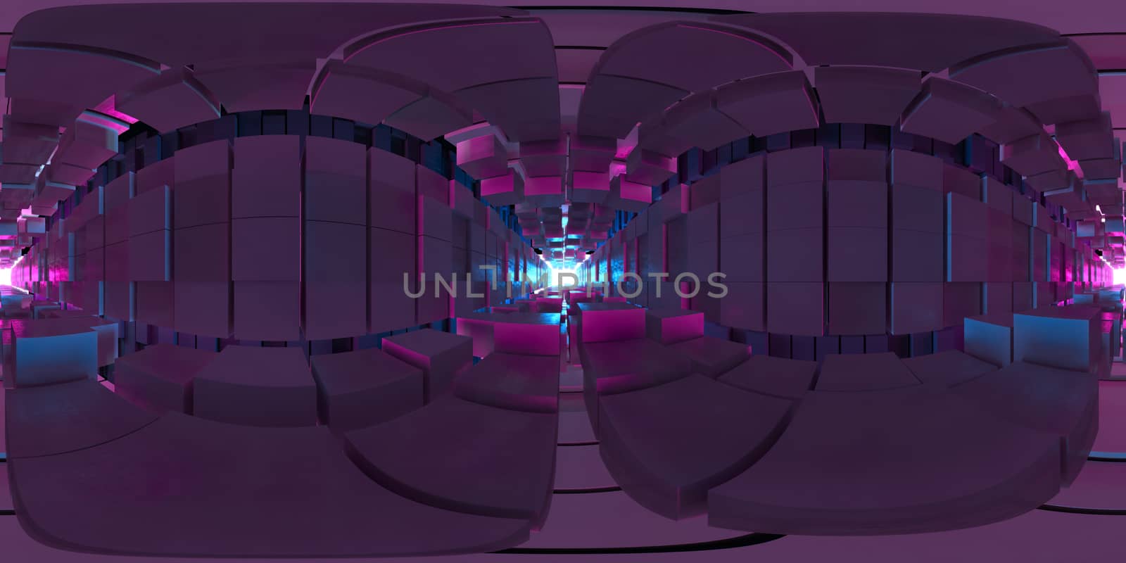 3D illustration,3d render,VR 360 panorama Abstract image of the cube background, the path to the light, Plastic Pink and Blue background