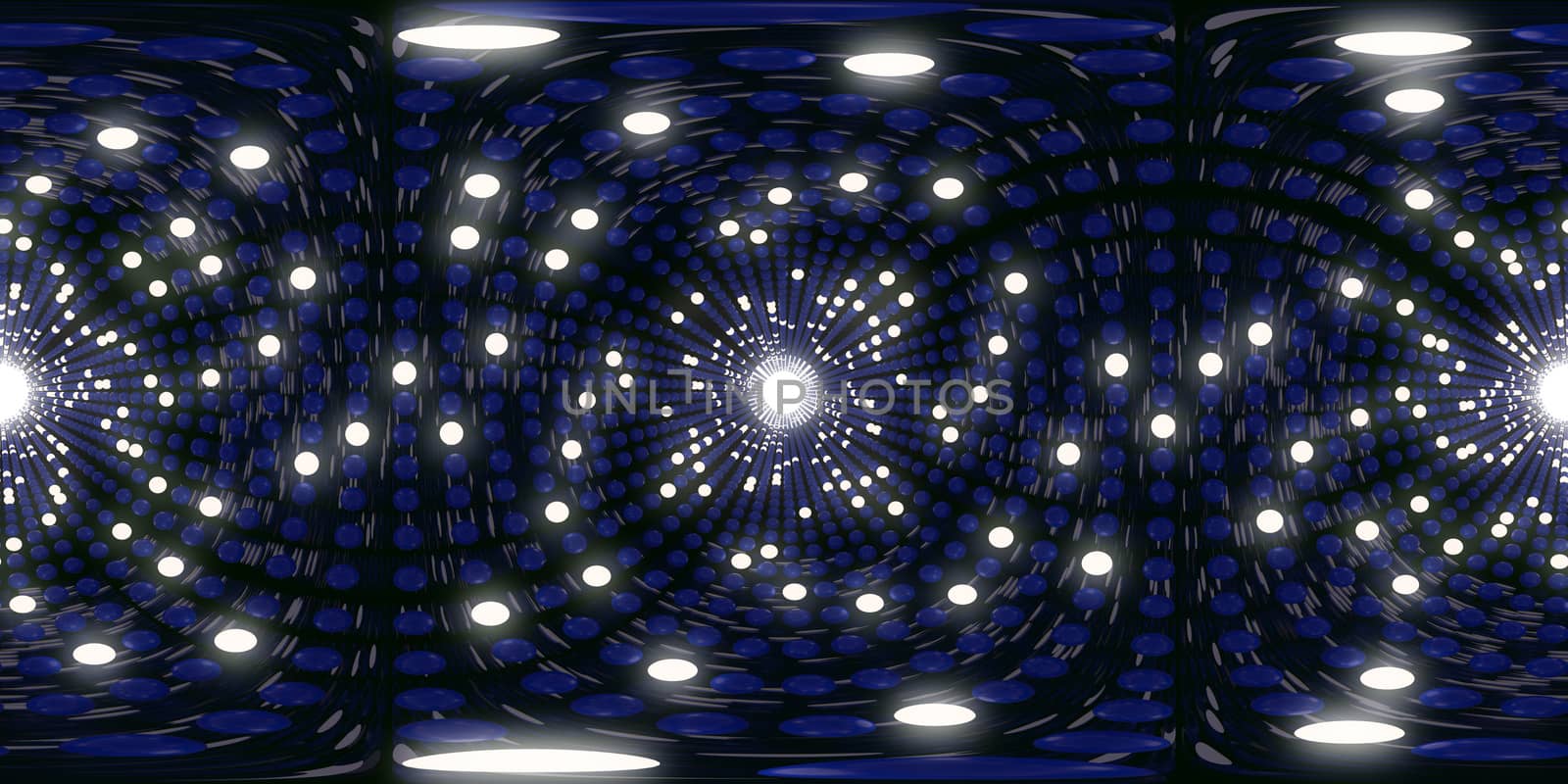 3d illustration, 3d rendering, vr 360 panorama abstract images of the spherical background, the path to light, blue spherical plastic background Alternating white spherical light