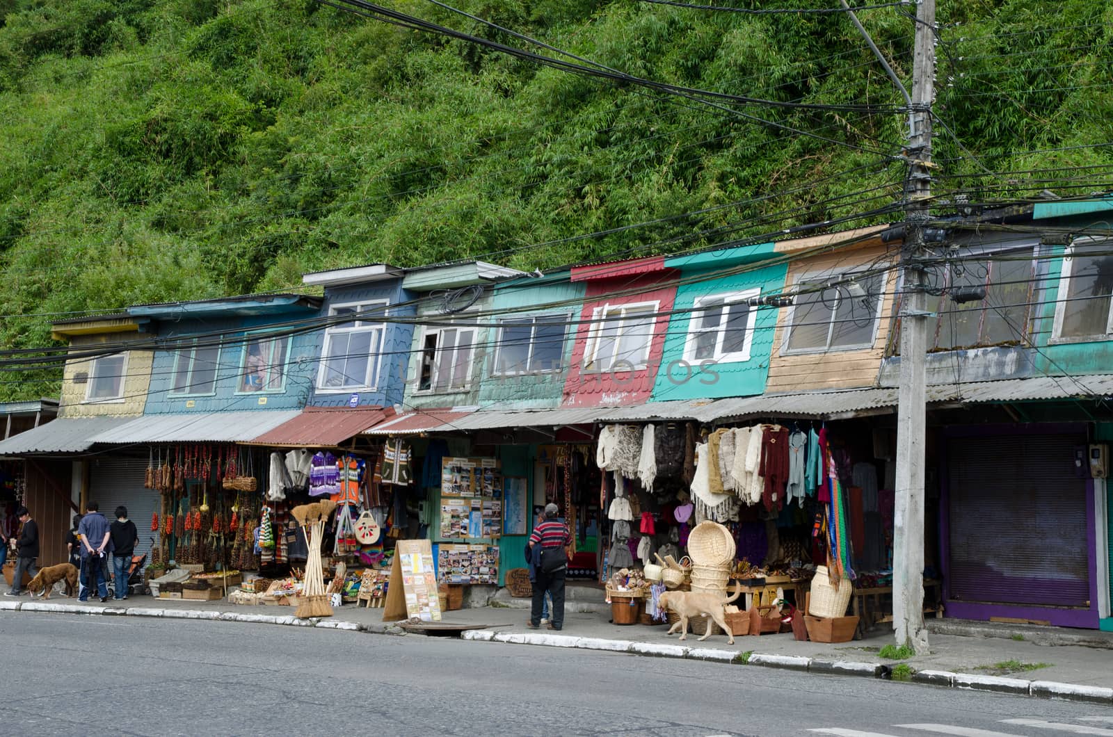 Craft shops in a street of Angelmo. Puerto Montt. Los Lagos Region. Chile.