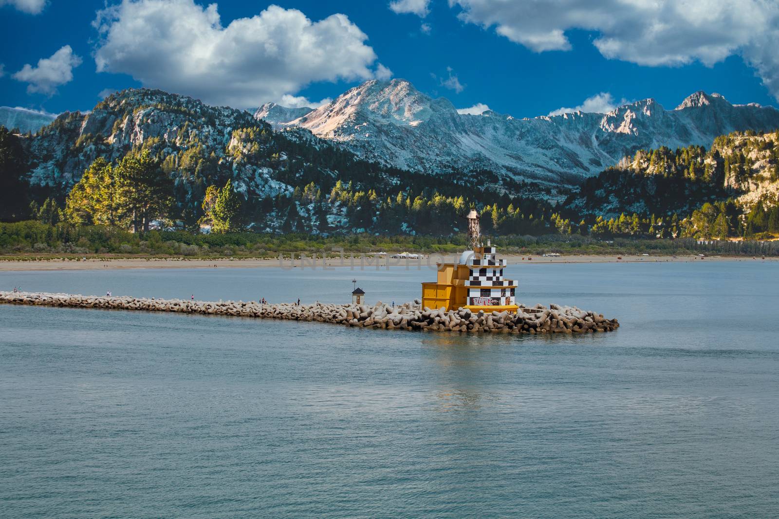 Channel Marker with Mountains in Background by dbvirago