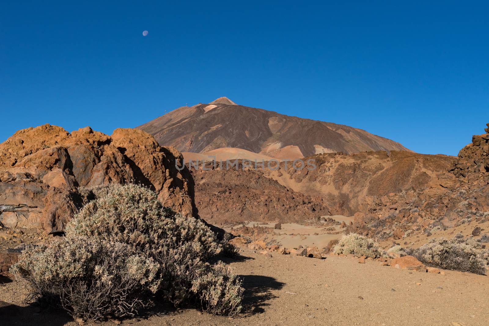 Martian landscape on the eastern slopes of Montana Blanca Mirador las Minas de San Jose with Teide mount at background. Teide National park, Tenerife, Canary islands, Spain