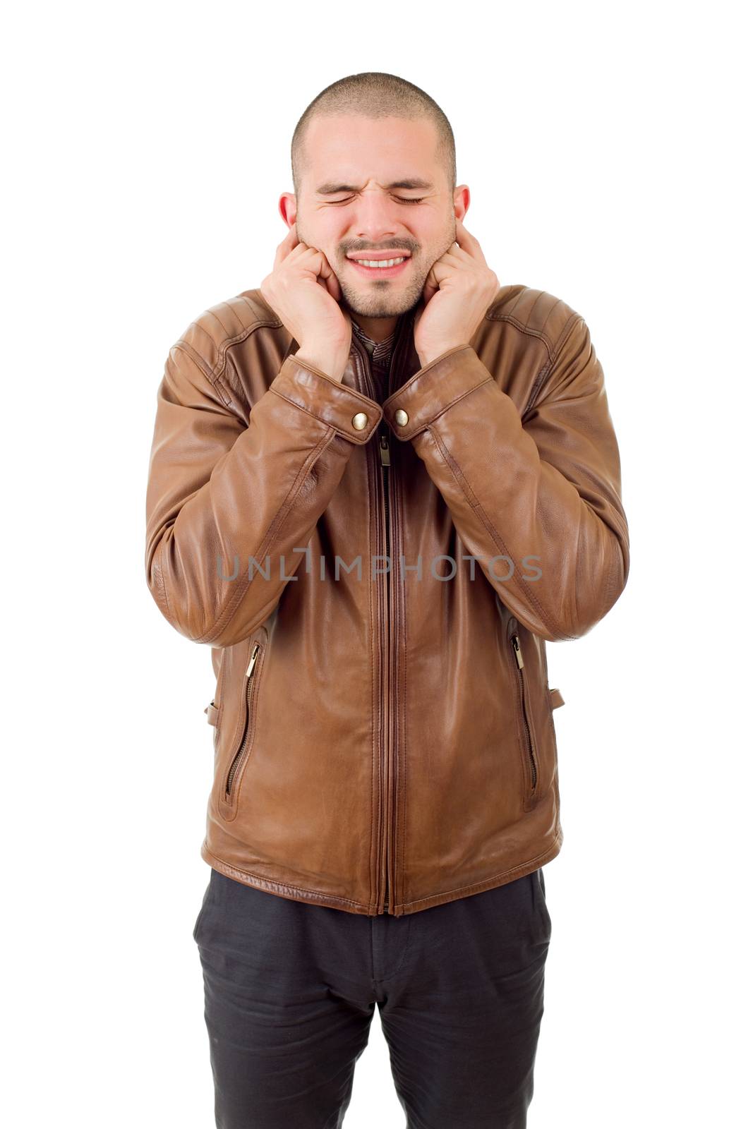 portrait of handsome young man covering his ears, isolated white background