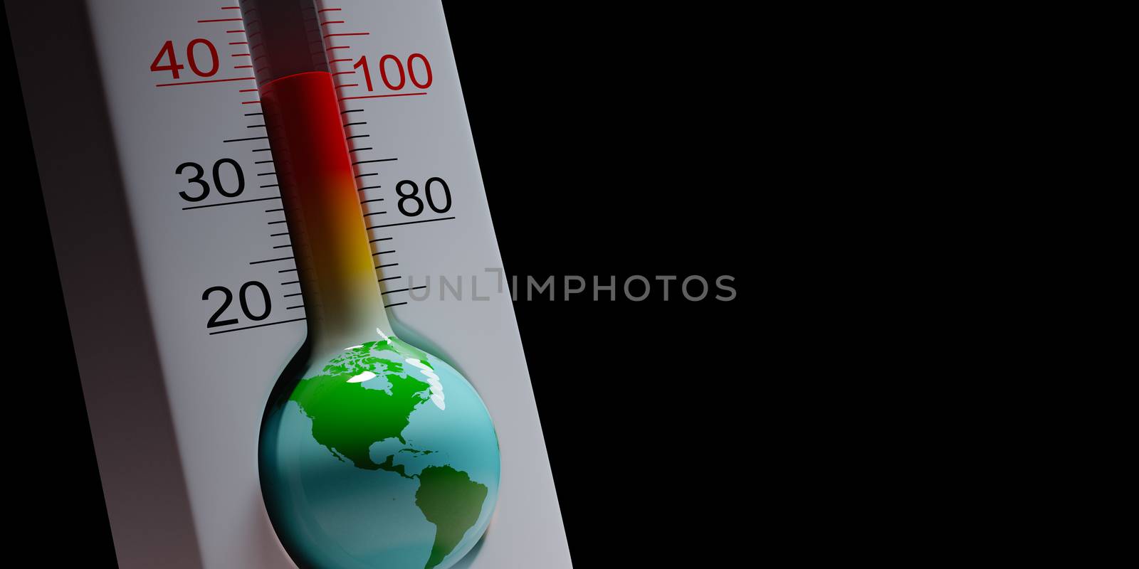 Earth in the Shape of a Thermometer Close up on Black Background with Copy Space 3D Illustration, World Pandemic Concept