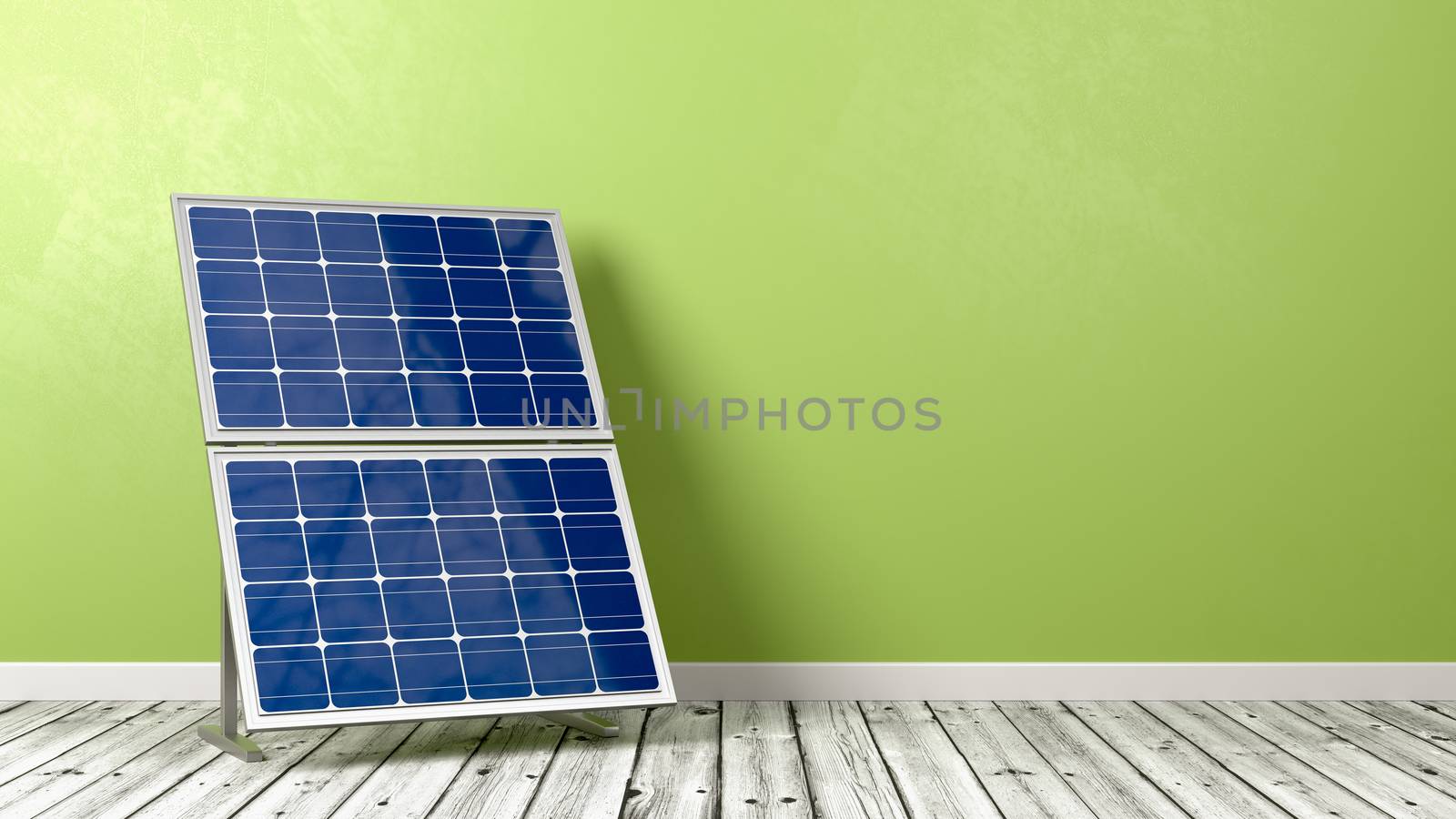 Solar Panel on Wooden Floor Against Green Wall with Copy Space 3D Illustration