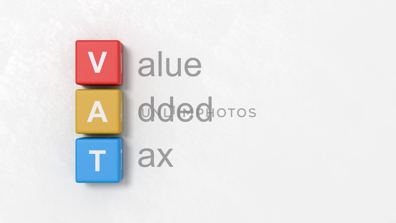 Black Value Added Tax Text and VAT Colorful Cubes on a Light Gray Plastered Background 3D Illustration