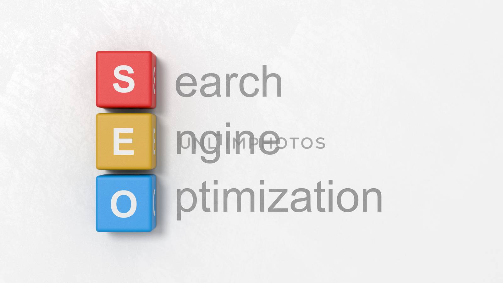 Black Search Engine Optimization Text and SEO Colorful Cubes on a Light Gray Plastered Background 3D Illustration