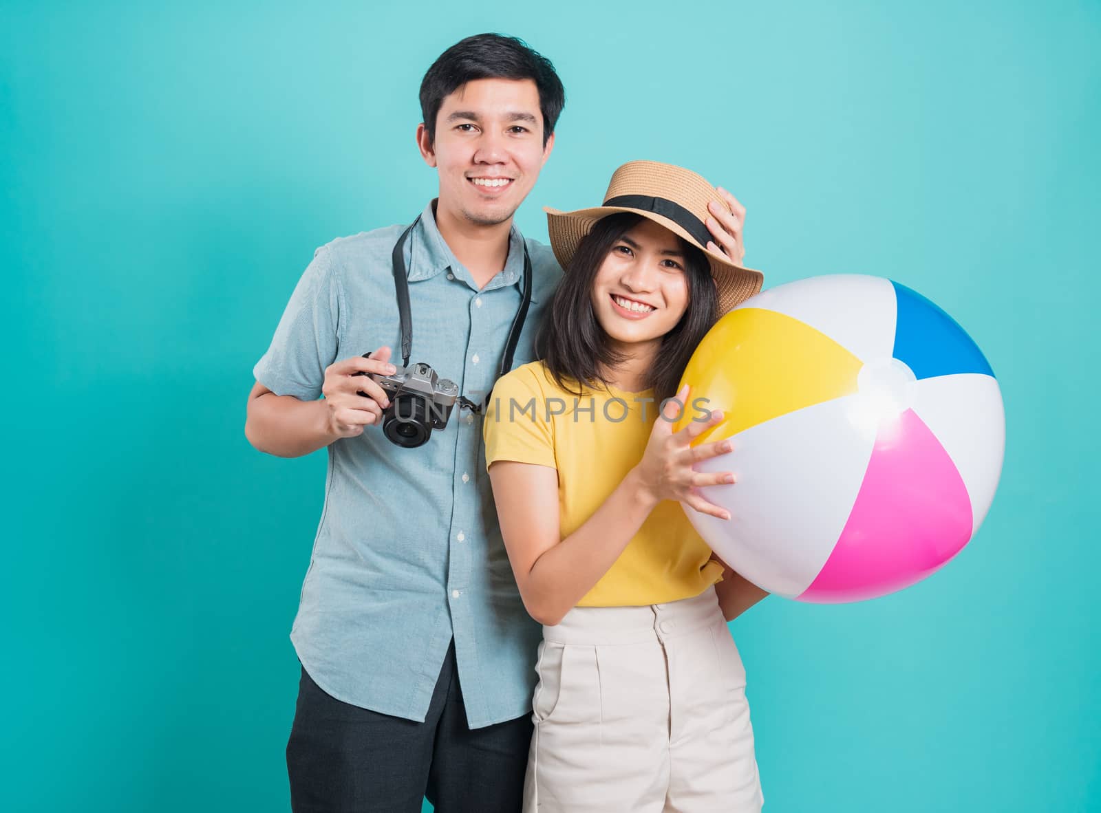 young beautiful woman handsome man couple in summer in holiday t by Sorapop