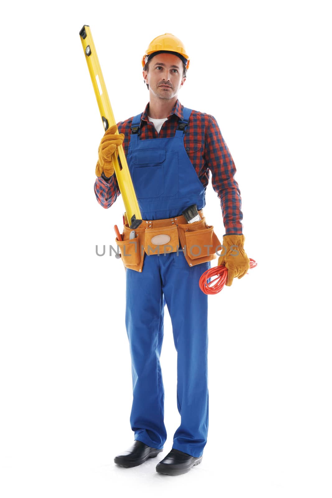 Worker in uniform and helmet with tools isolated on white background