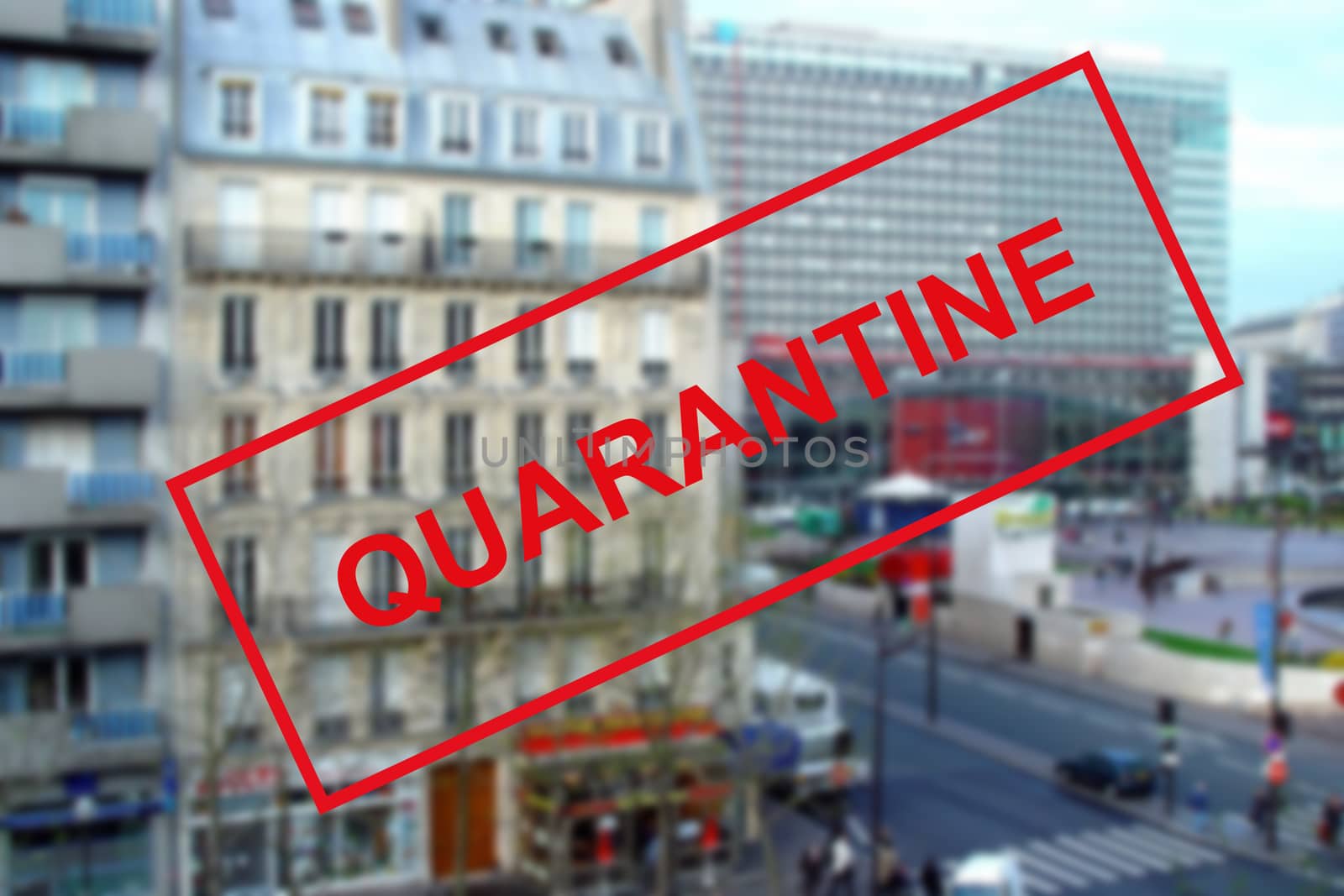 COVID-19 coronavirus in France, text quarantine on a blurry background of a train station building in Paris. The concept of covid pandemics and travel in Europe. Travel is banned due to the coronavirus pandemic around the world