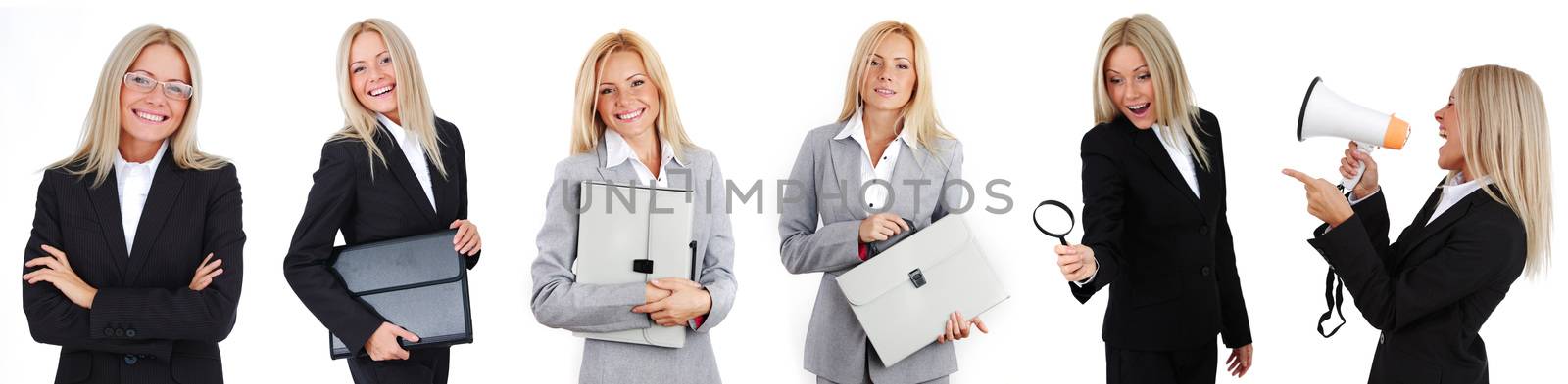 Set of photos of young business woman in various poses with case megaphone magnifier isolated on white