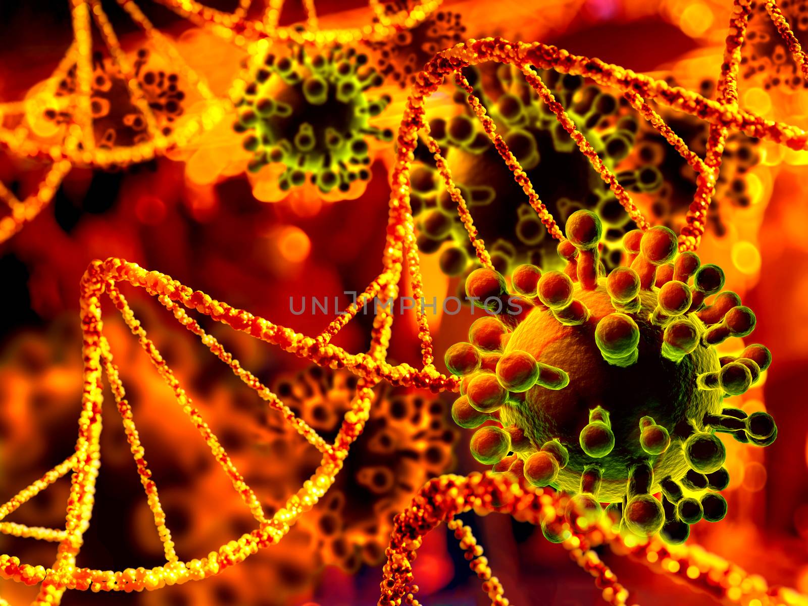 Illustration of corona viruses, covid-19 with DNA on orange background. Contagion and propagation of a disease. 3D illustration.