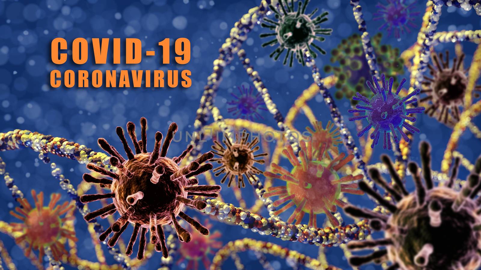 Illustration of corona viruses, covid-19 with DNA on blue partic by hadkhanong
