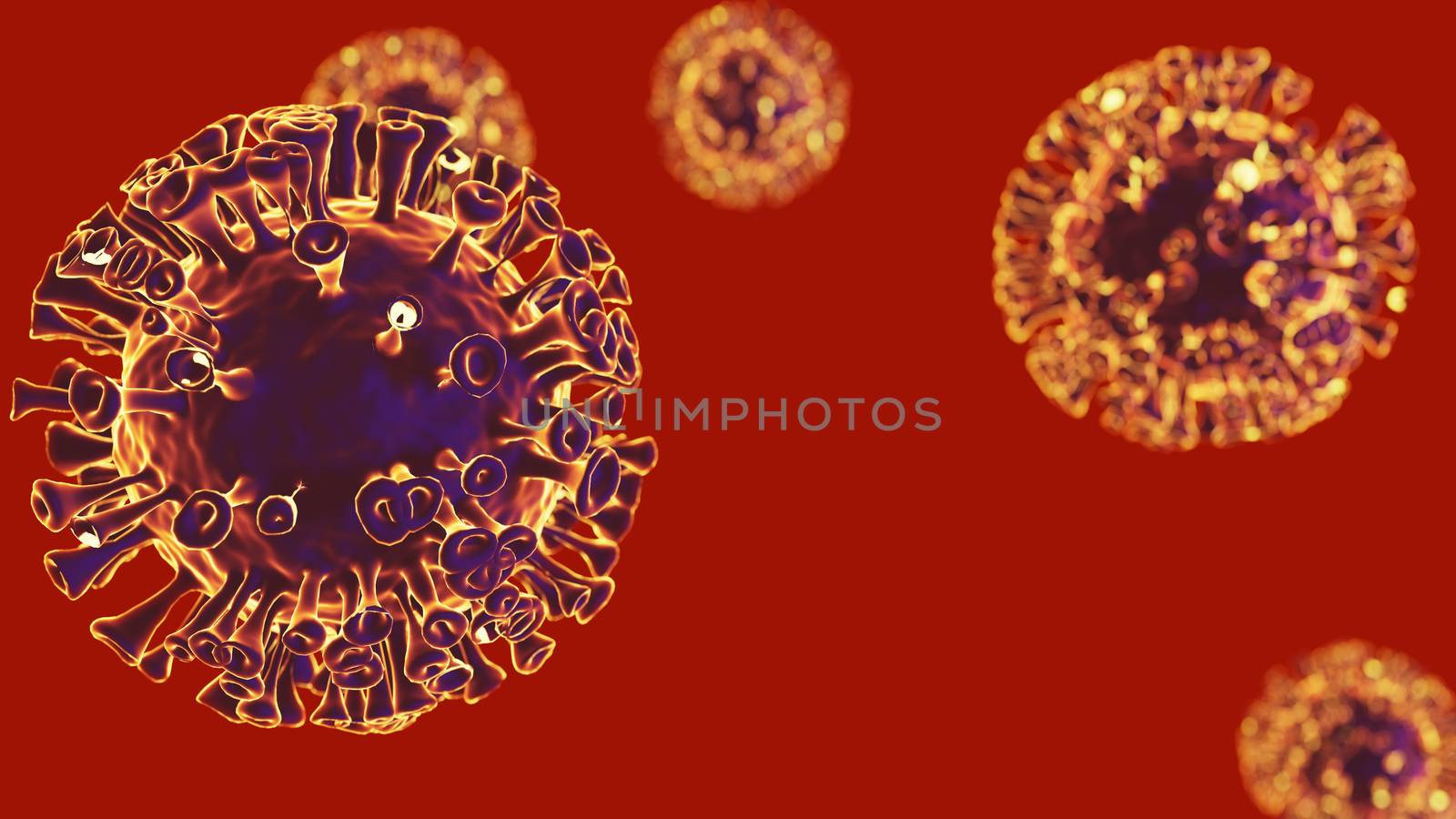Illustration of corona viruses, covid-19 on red background. Contagion and propagation of a disease. 3D illustration.