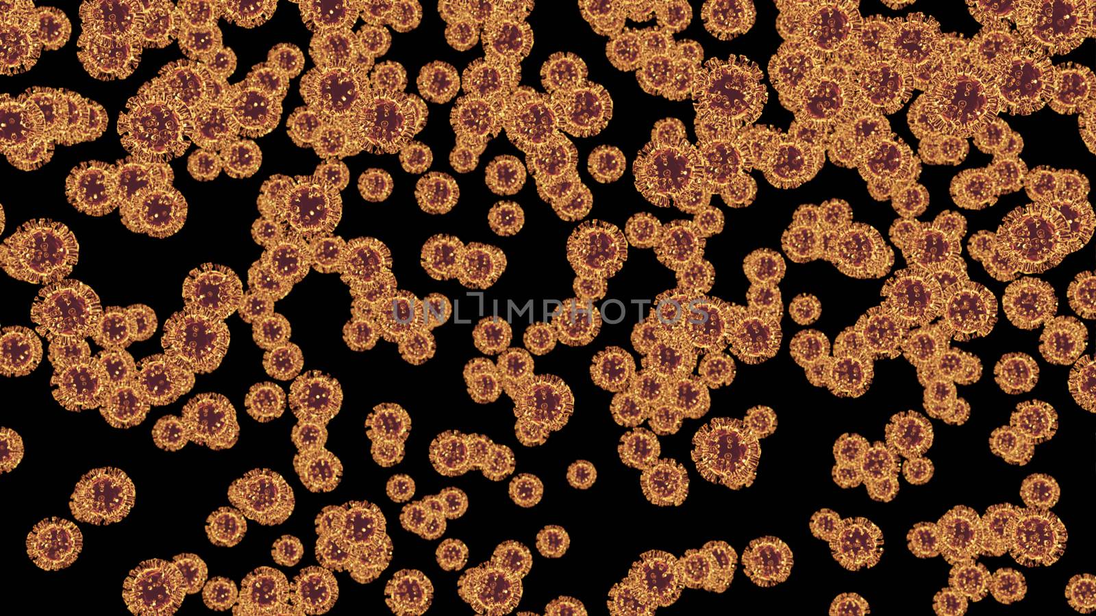 Illustration an innumerable of corona viruses, covid-19. Contagion and propagation of a disease. Spreading of orange virus. 3D illustration. 