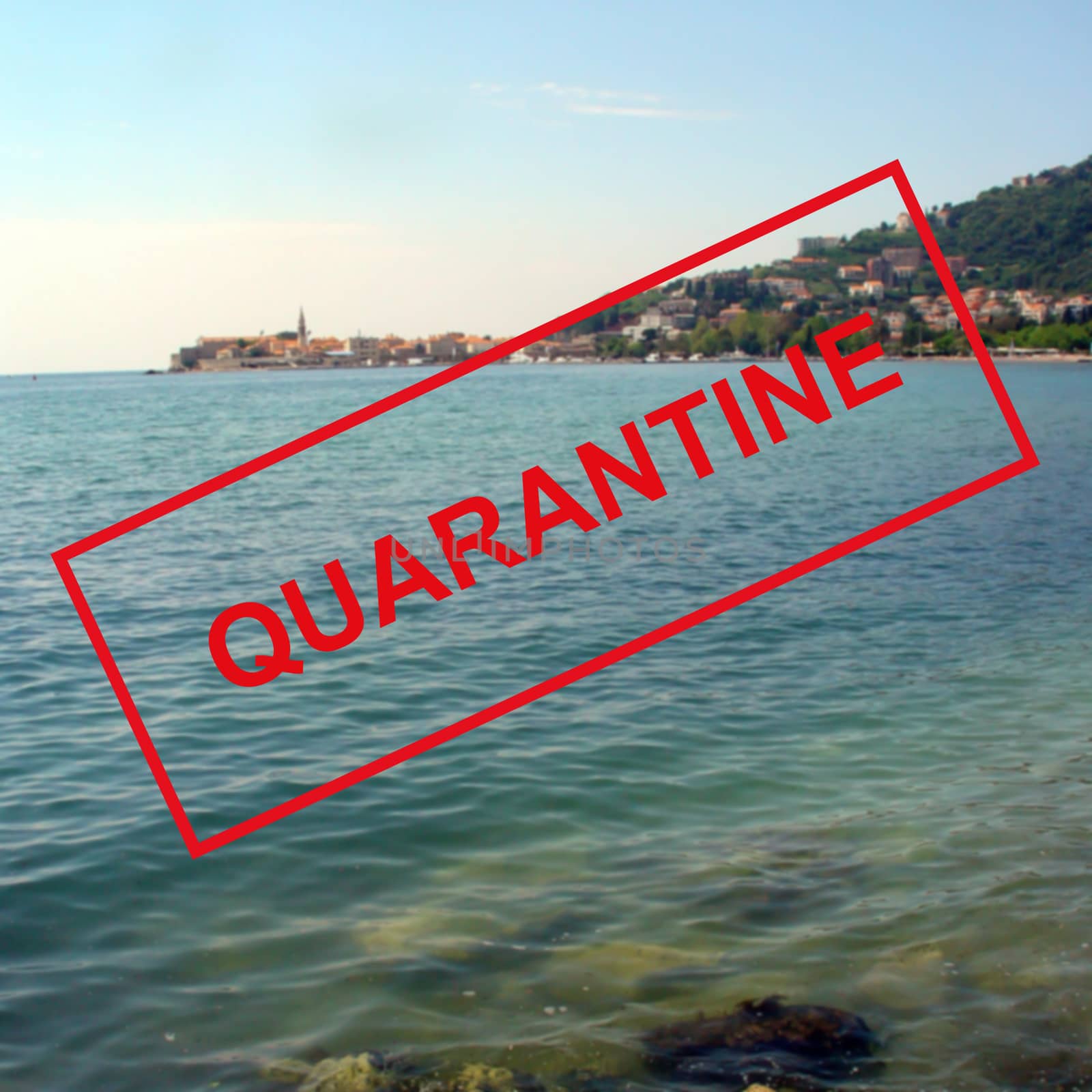 Text Quarantine on the background of the Mediterranean coast in Montenegro . by bonilook