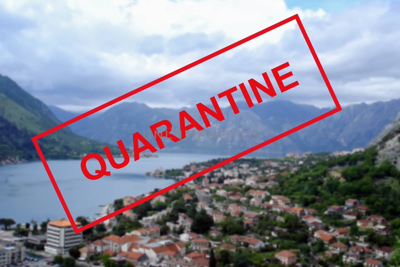 Text Quarantine on the background of the Mediterranean coast in Montenegro . by bonilook