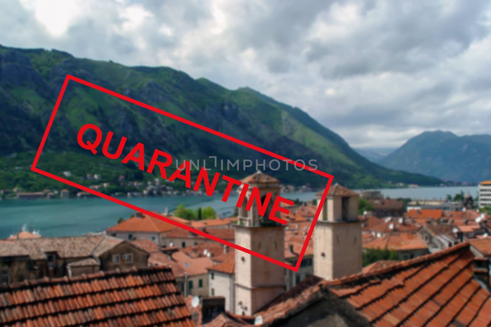 Text Quarantine on the background of the Mediterranean coast in Montenegro . The concept of a high probability of a new coronavirus outbreak in traveling tourists