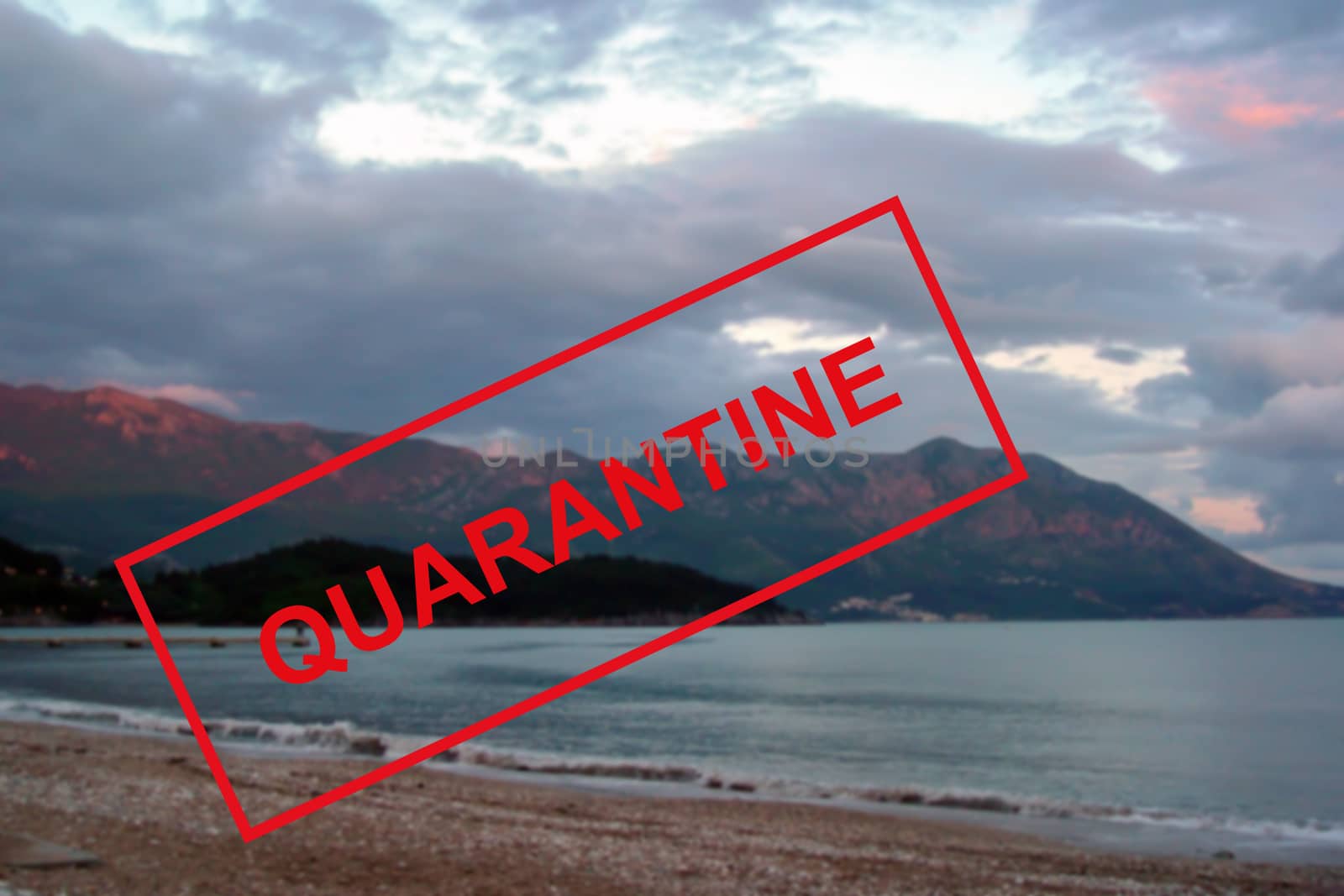 Text Quarantine on the background of the Mediterranean coast in Montenegro . by bonilook