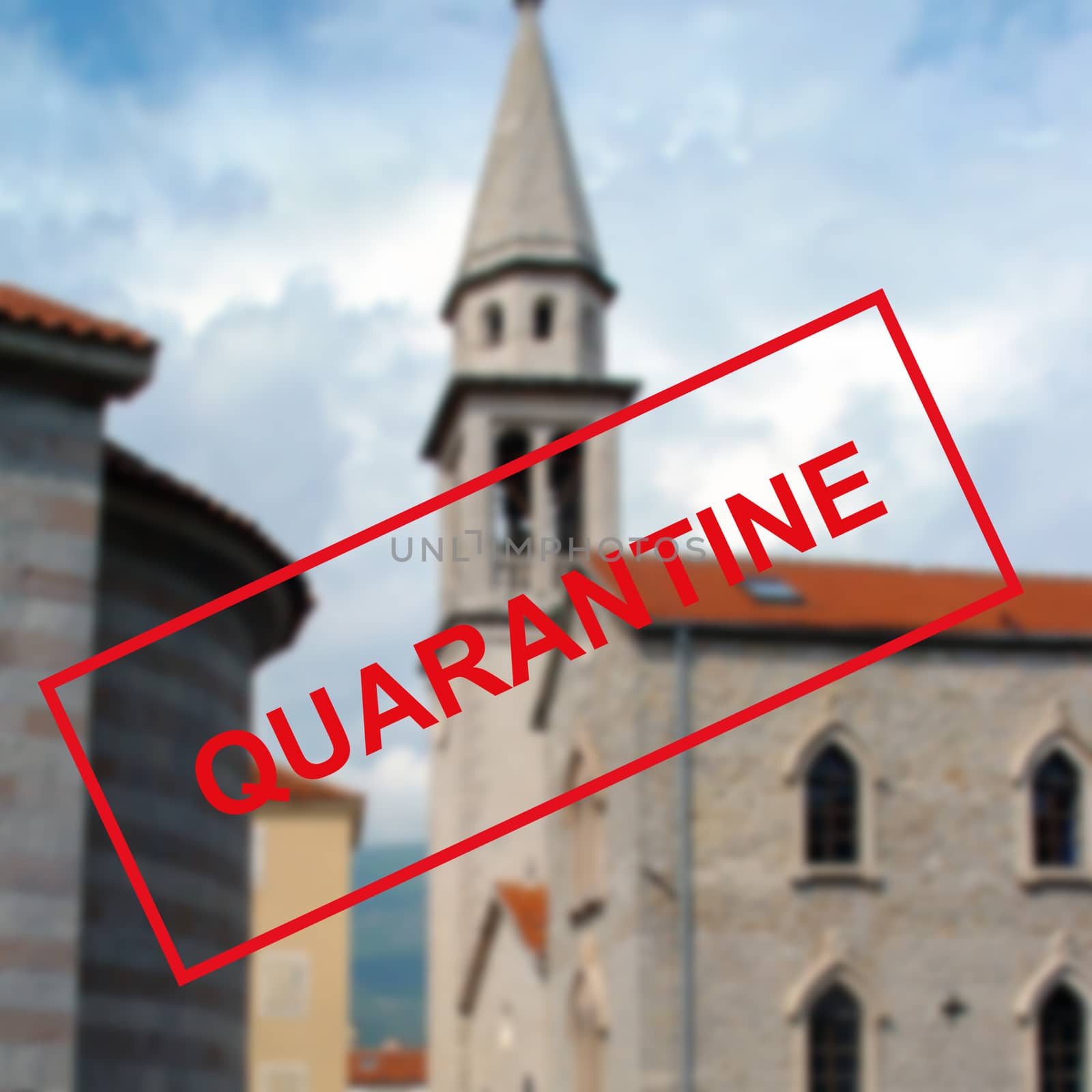 Text Quarantine against the background of medieval architecture in Montenegro . by bonilook