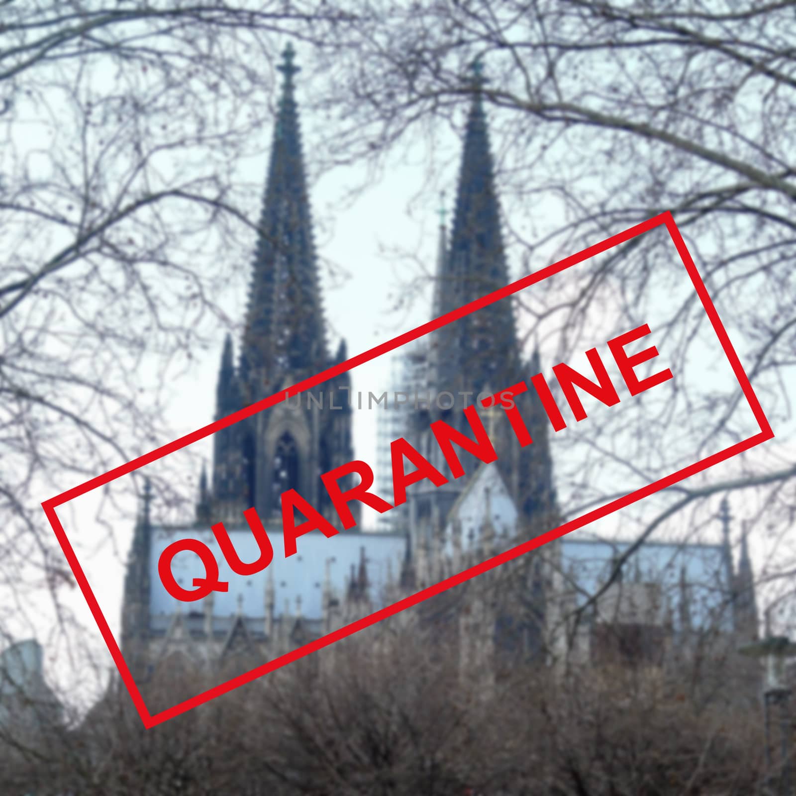 Coronavirus quarantine in Europe. Text against the background of Cologne Cathedral in Germany. Concept of the economy and financial markets affected by the corona virus outbreak and fears of a pandemic.