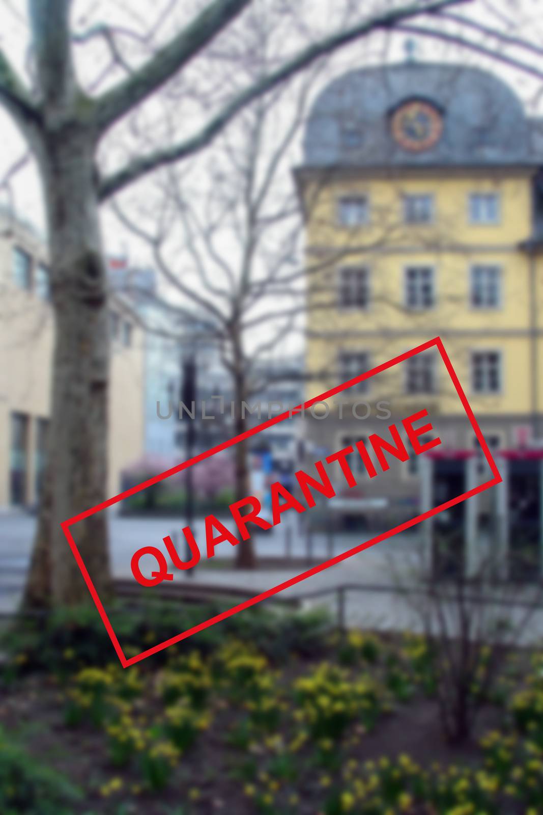 Coronavirus quarantine in Europe. Text against the background of spring city streets in Bonn in Germany. Concept of the economy and financial markets affected by the coronavirus outbreak and fears of a pandemic.