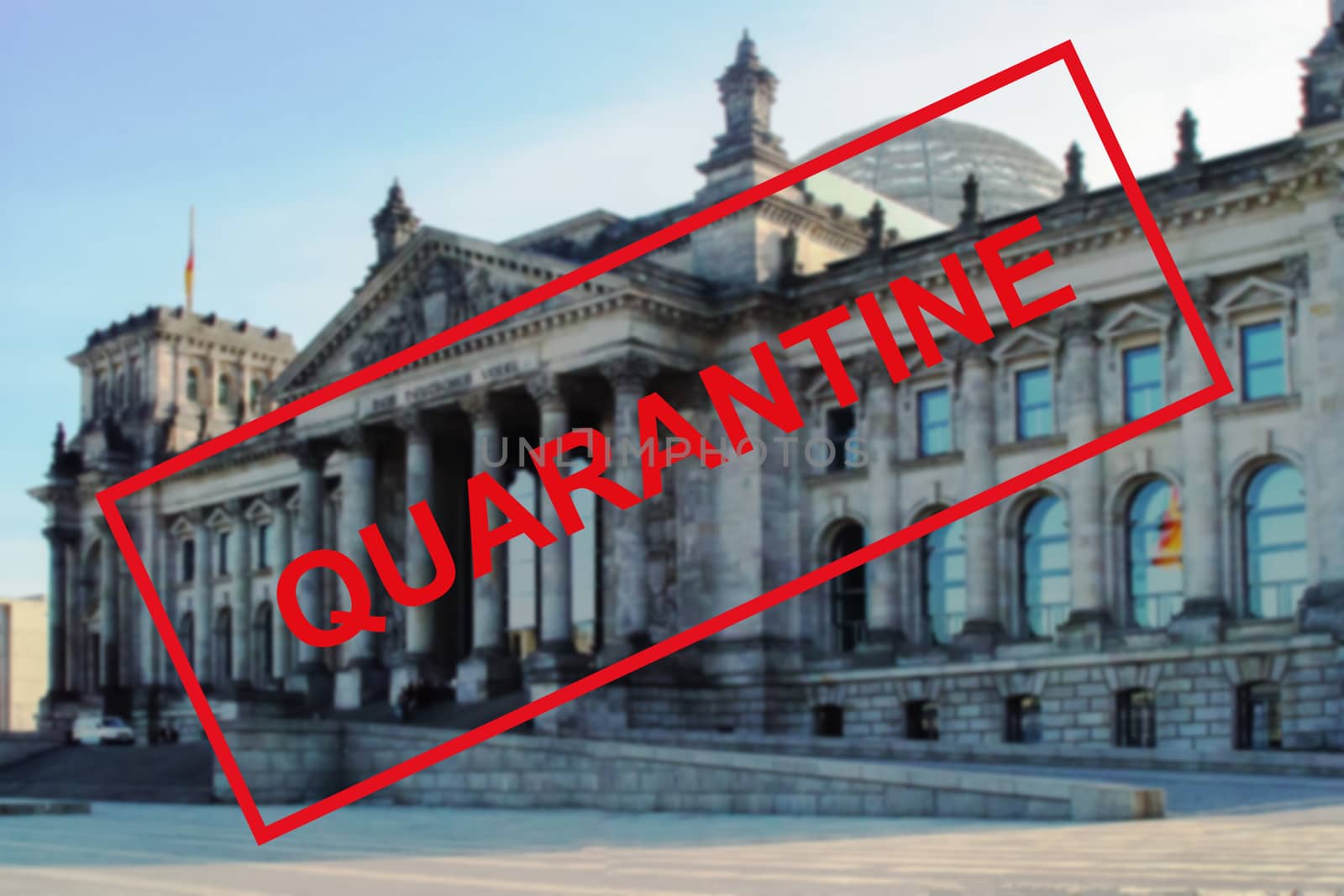 Coronavirus quarantine in Europe. Text against the background of the historical architecture of Germany in Berlin. Concept of the economy and financial markets affected by the coronavirus outbreak and fears of a pandemic.