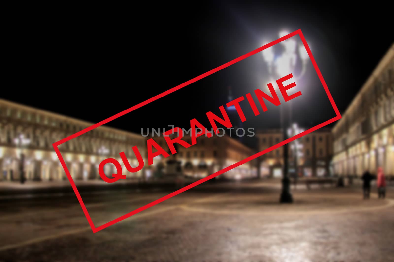 Coronavirus quarantine in Europe. Text against the background of the historical architecture of Italy in Turin. Concept of the economy and financial markets affected by the coronavirus outbreak and fears of a pandemic.