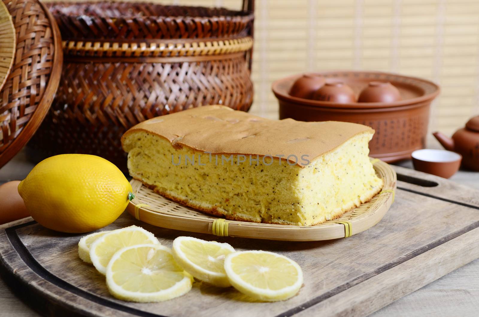 Taiwanese  cheese sponge cake with lemon flavor on wooden board