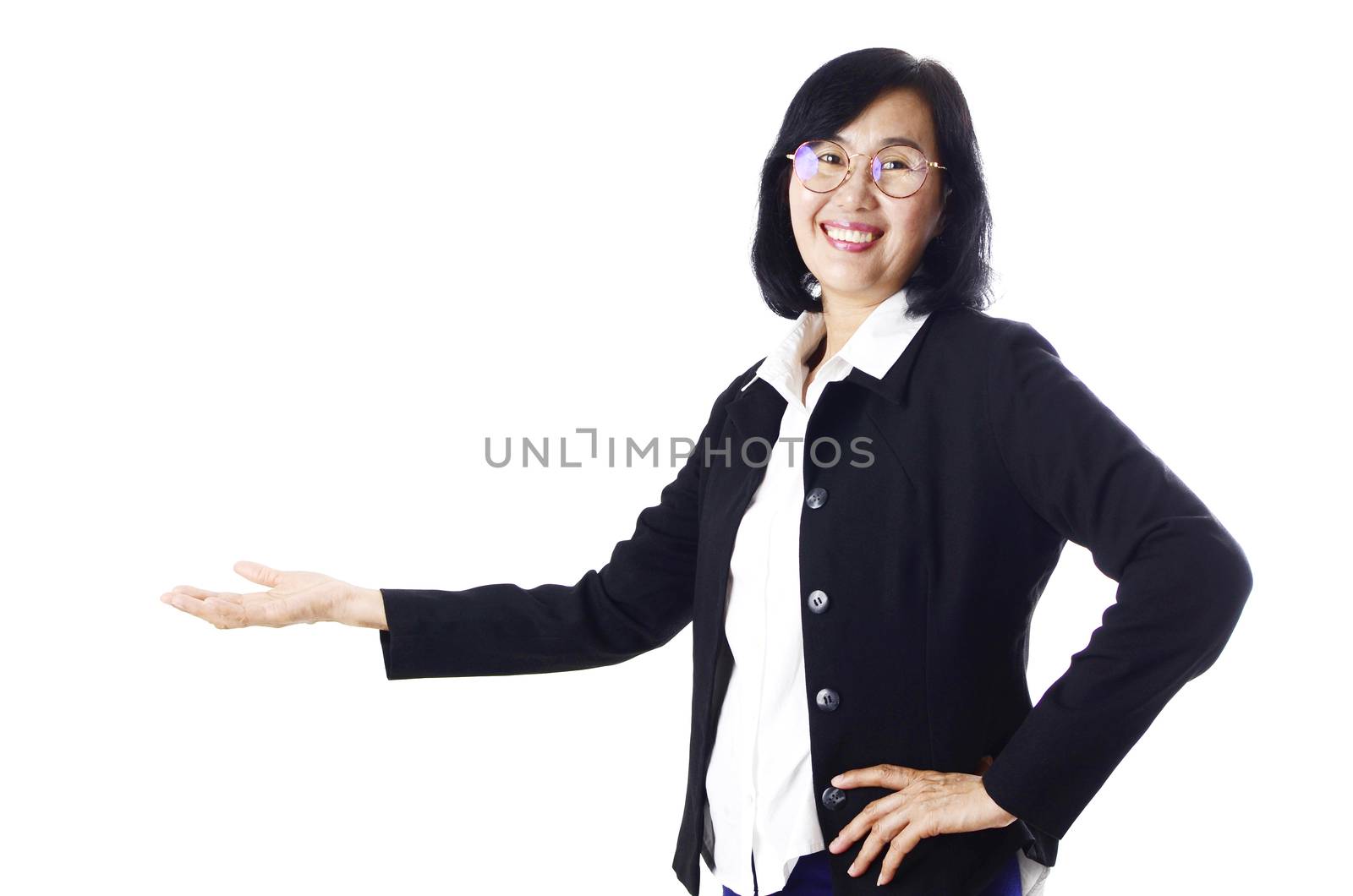 Asian middle age asian businesswoman showing gesture