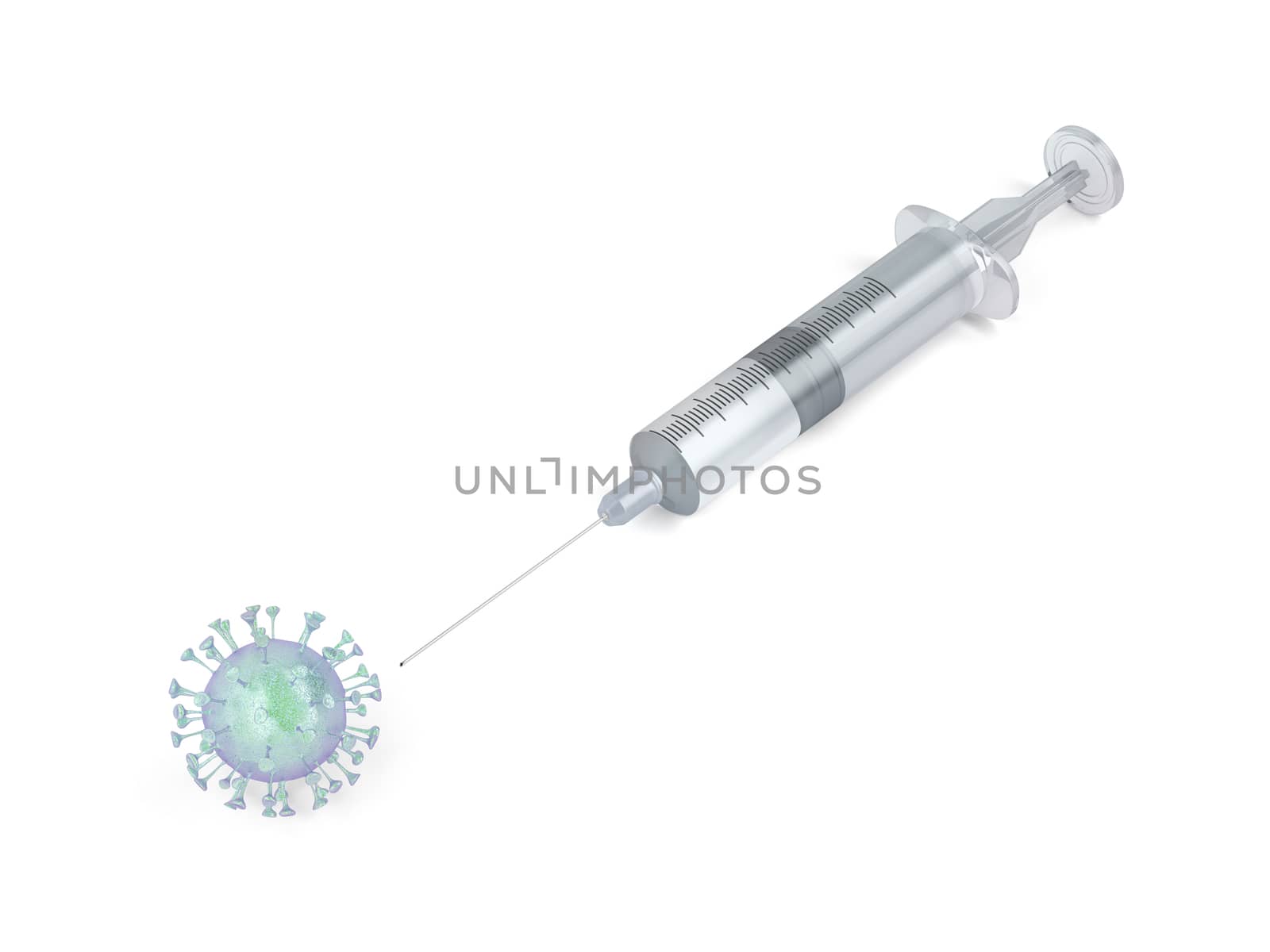 3D illustration with virus and syringe. Concept image of coronavirus disease COVID-19 pandemic.
