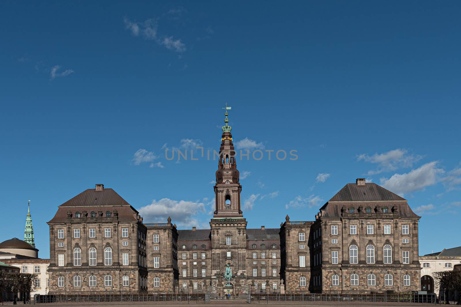 Christiansborg Palace in Copenhagen, Denmark. Great building of the Danish Royals under a blue sky on a sunny day