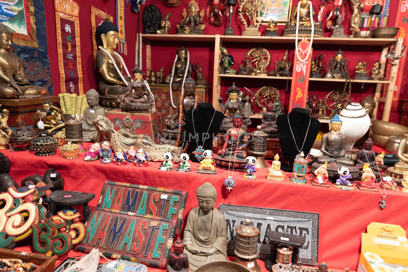 Ornamental objects from all over the world for sale in an ethnic market