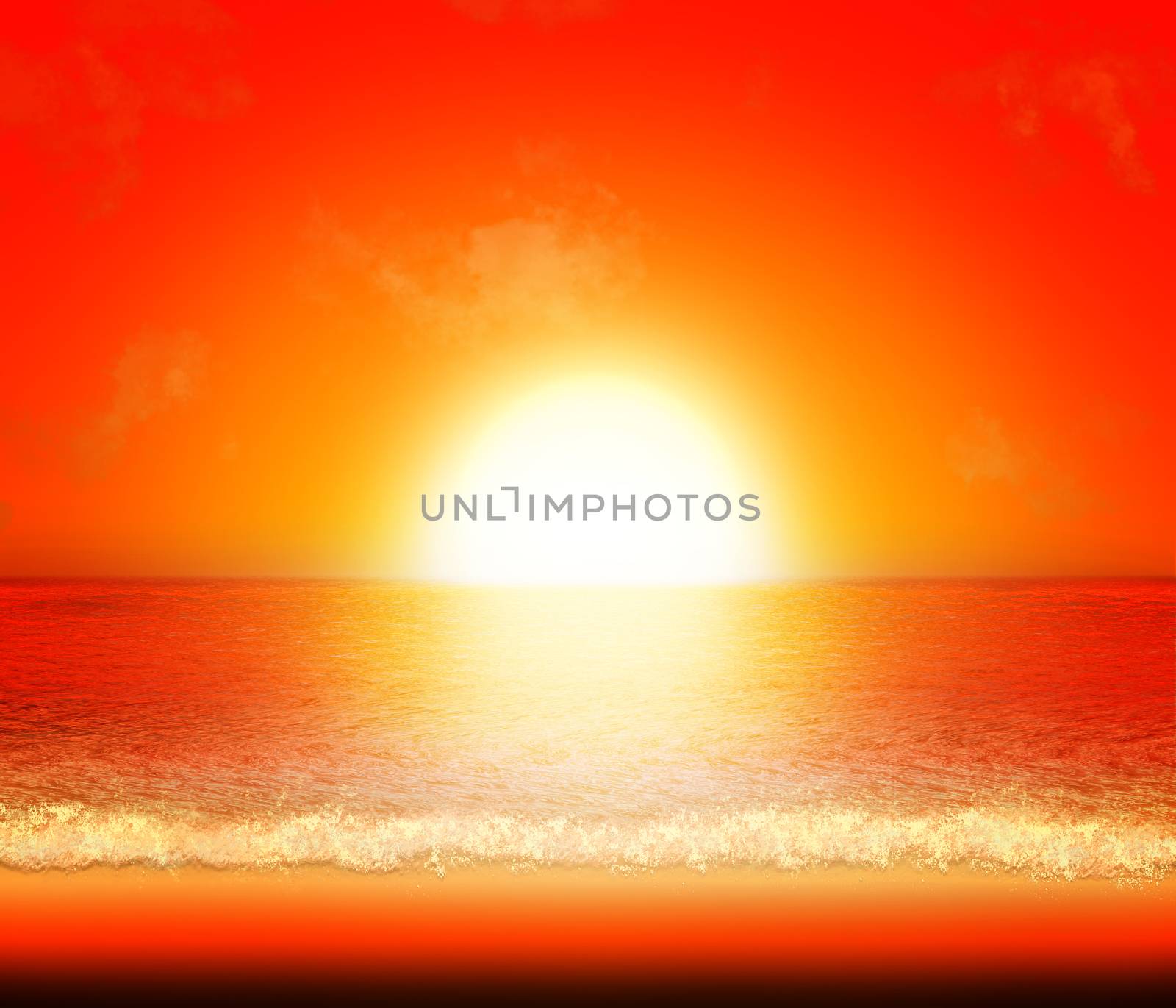 Beach at sunset. The setting sun is orange and yellow colors above the ocean. 3D illustration.