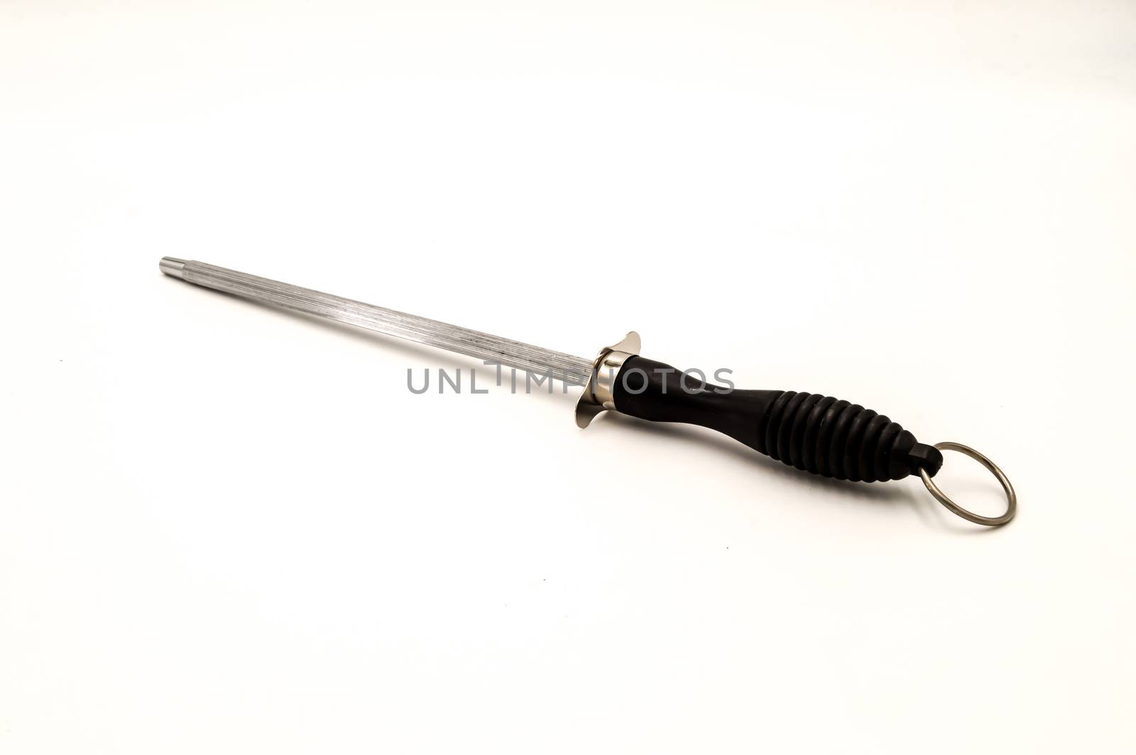 Sharpening steel with black handle on a white background