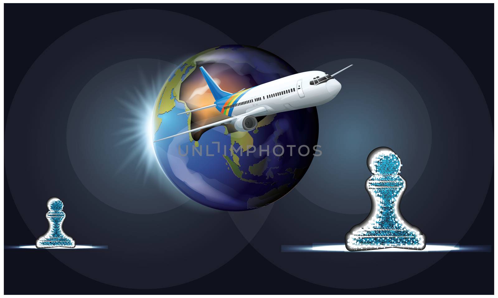 world and chess pawn travel on plane by aanavcreationsplus