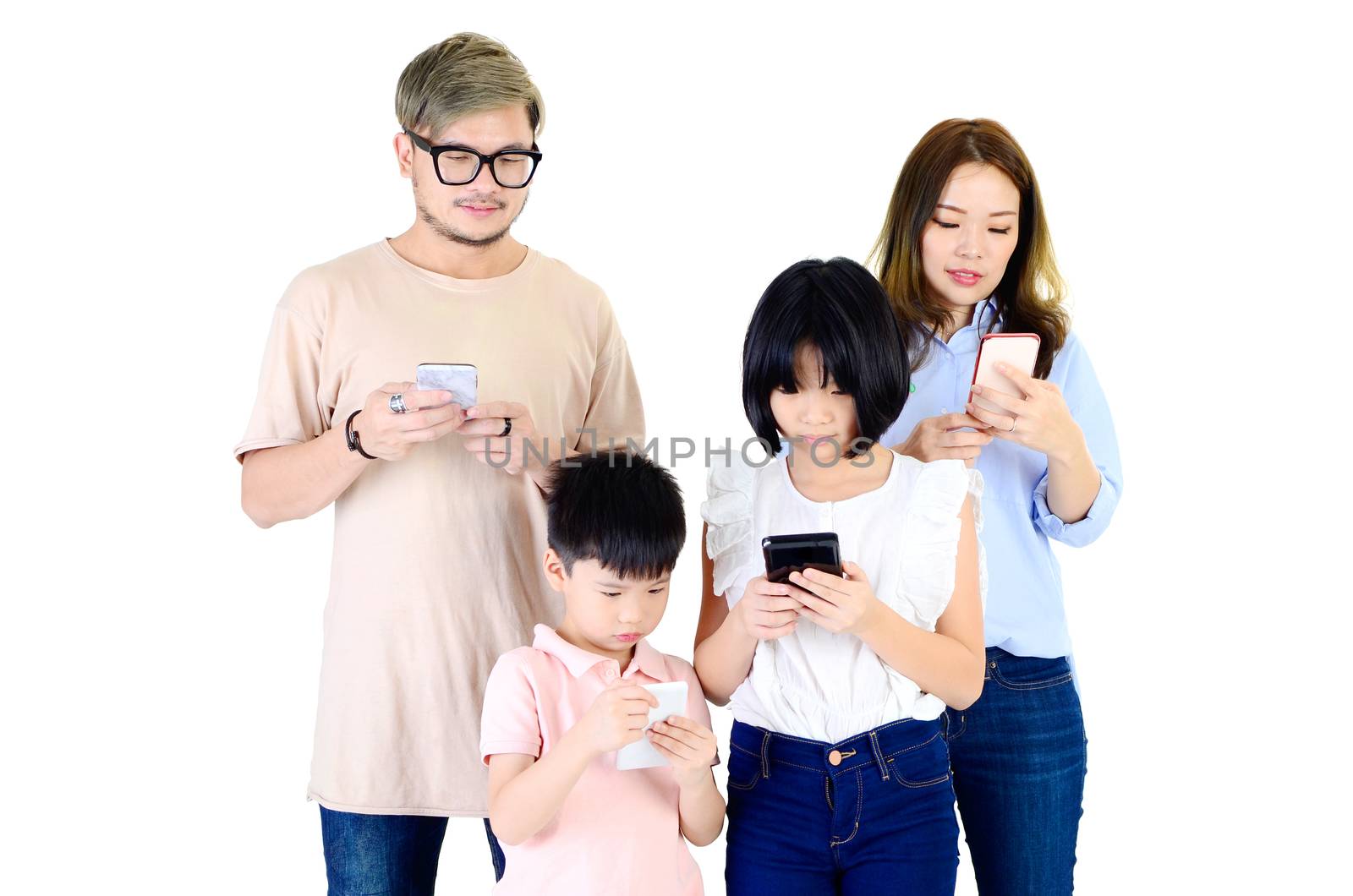 Asian family members spending time playing with smartphones 

