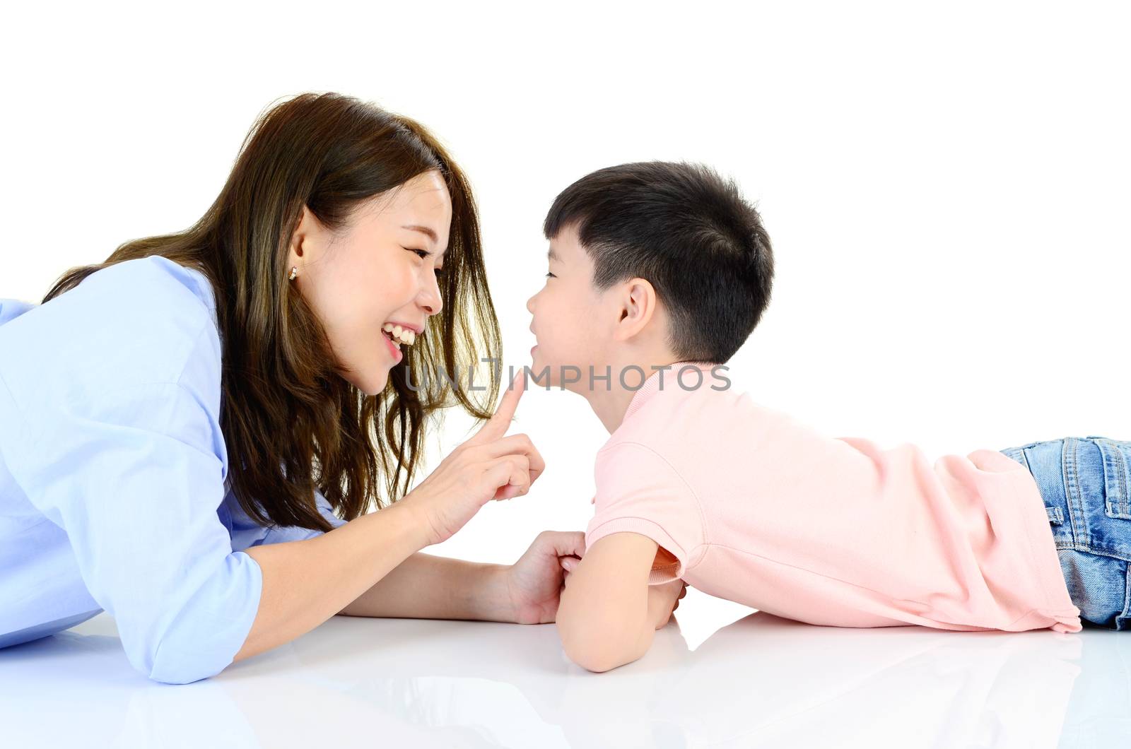 Asian mother and her son indoor portrait