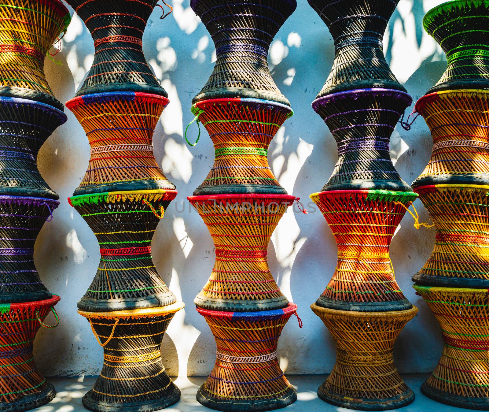 Stacked colourful wicker stools in Kathmandu, Nepal