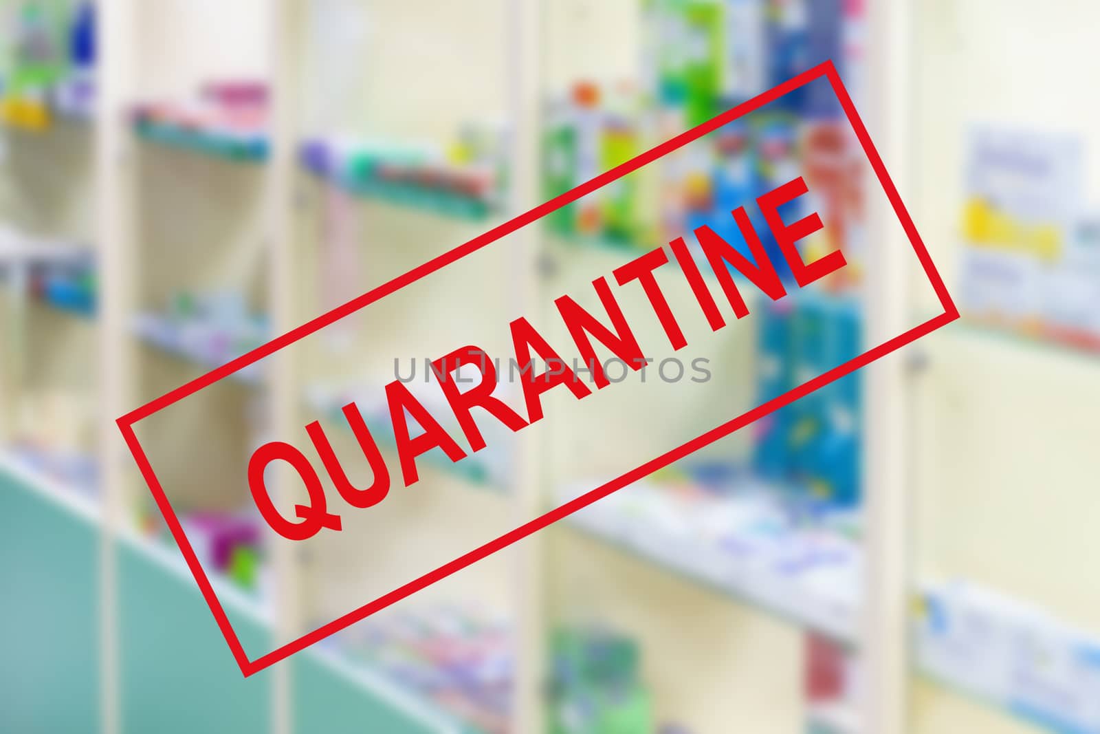 Pharmacy drugstore counter with medicine and vitamin supplement on shelves blur abstract background for montage healthcare product display. The prevention of the epidemic quarantine.