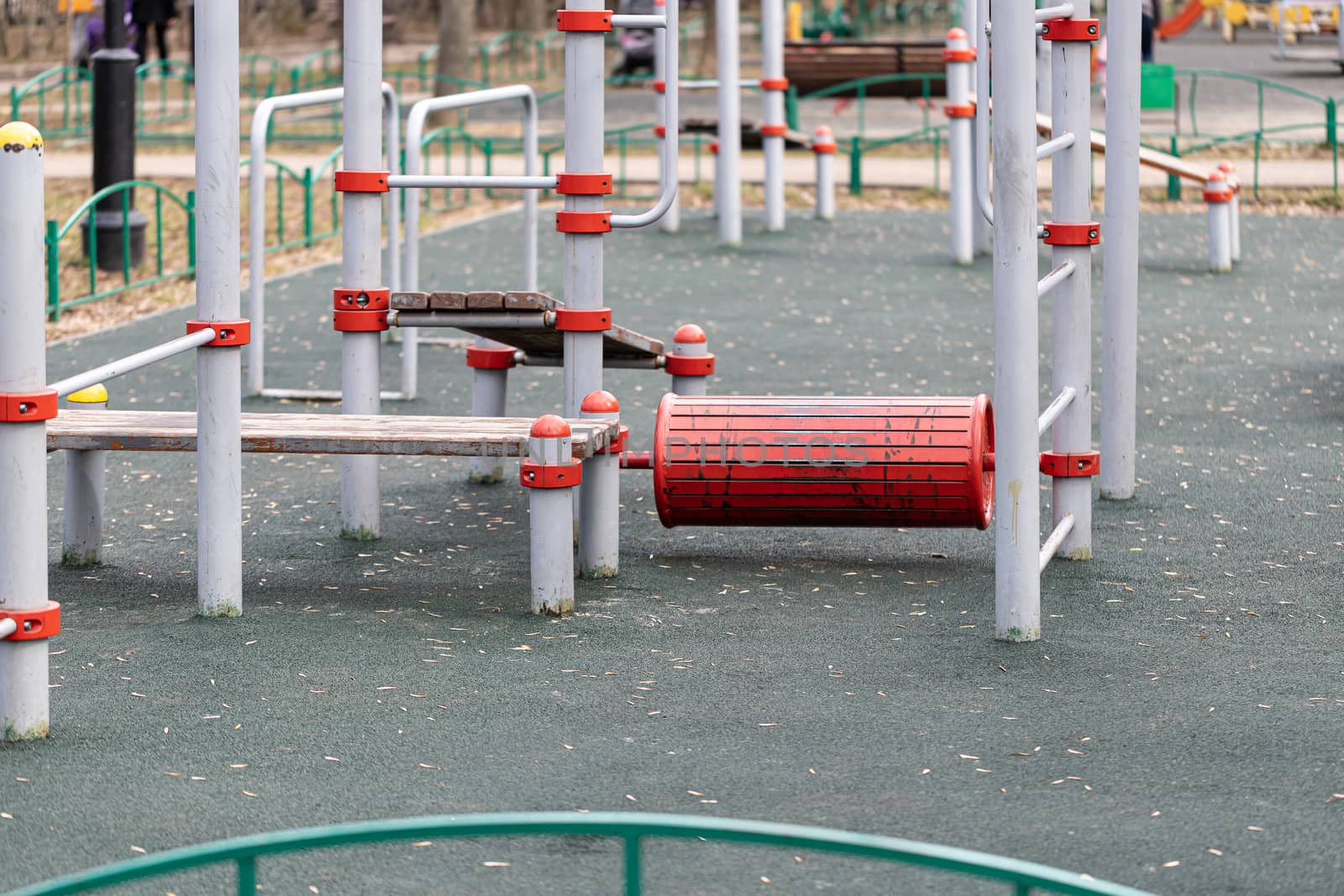 An empty modern Playground with climbing ladders on a bright Sunny spring day. An ideal place for children's outdoor activities.