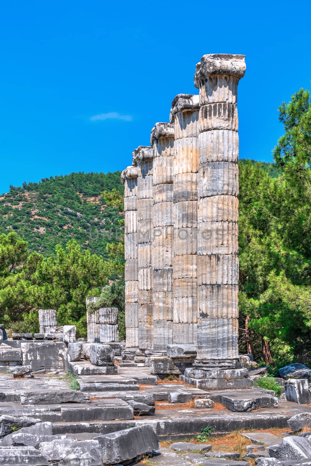 Ruins of the Ancient greek temple in Priene, Turkey, on a sunny summer day