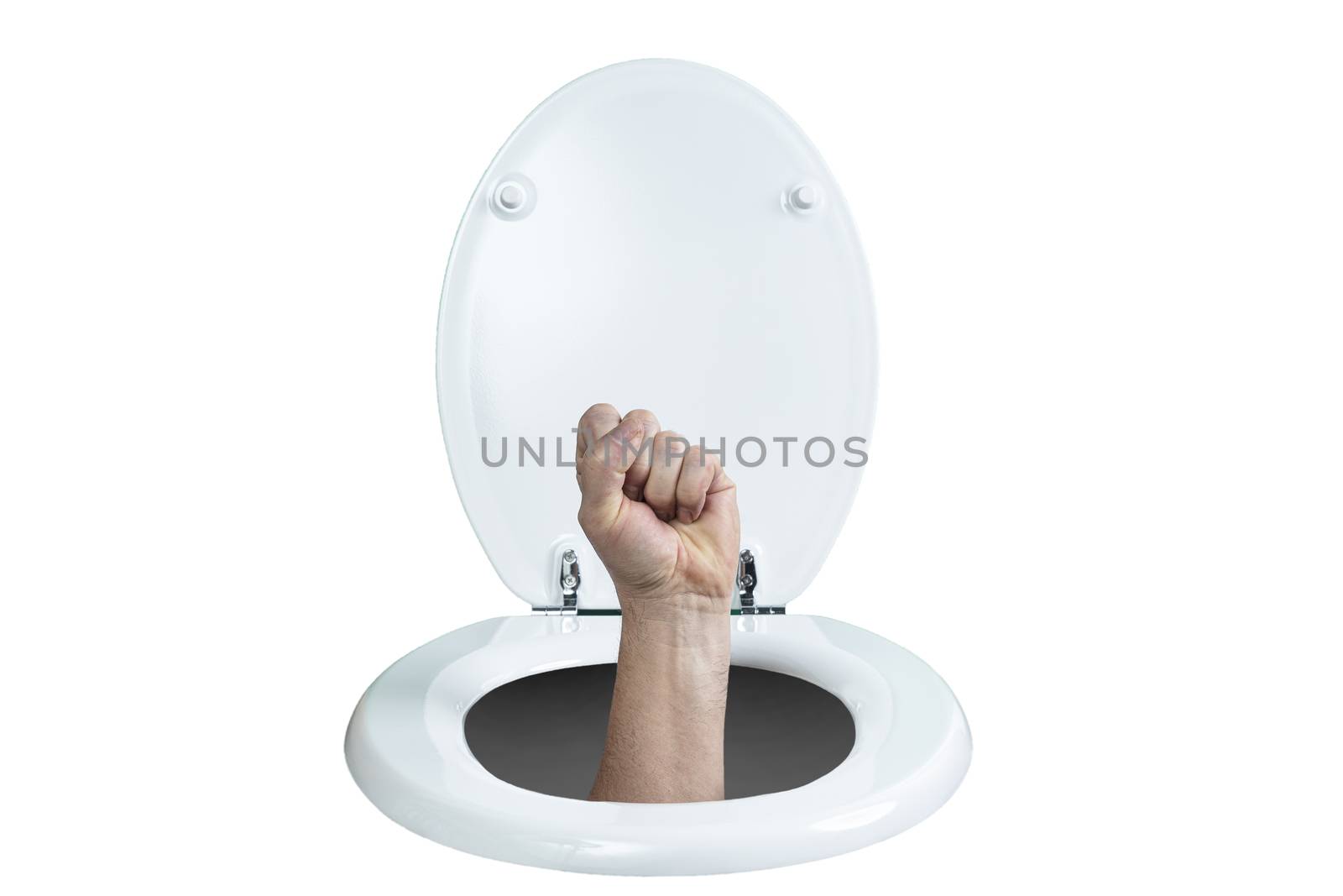 a hand with a clenched fist coming out of the toilet