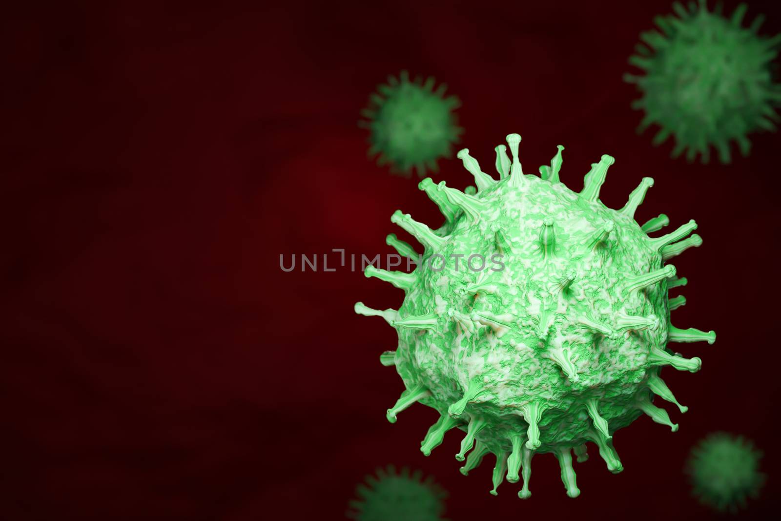 Coronavirus cell inside human body. COVID-19 cell in microscope view. Realistic 3D rendering. Virus simulation model in respiratory infections. Concept of healthy care.