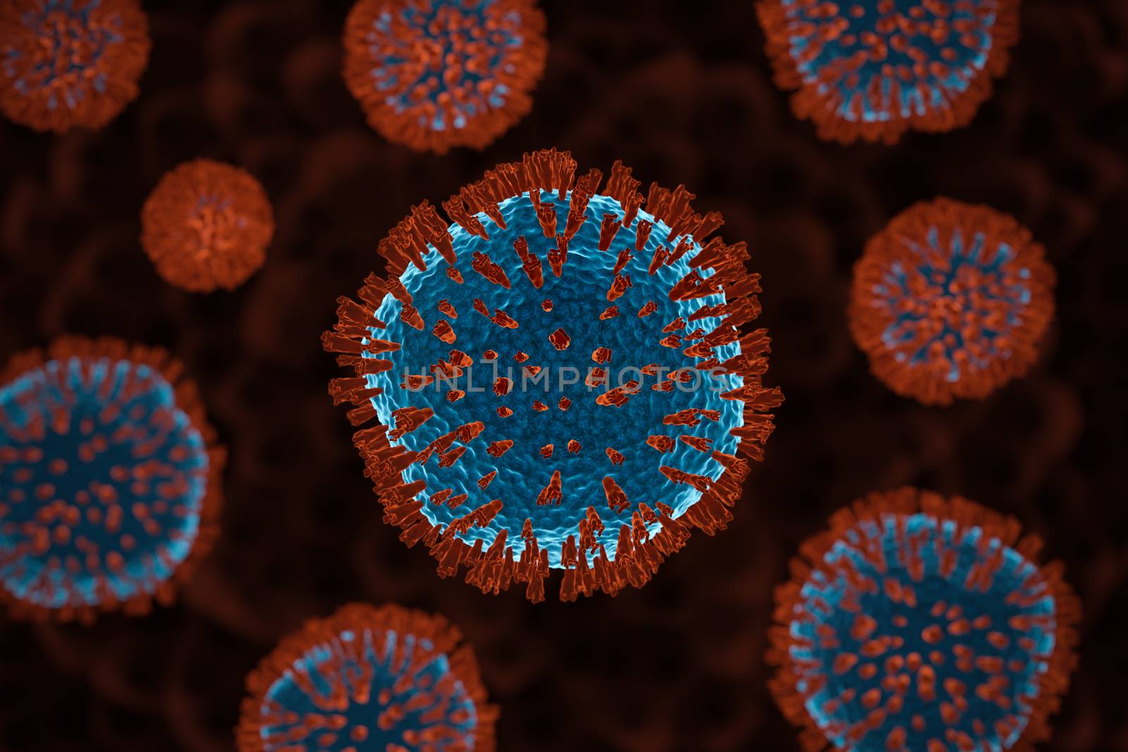 Coronavirus cell inside human body. COVID-19 cell in microscope view. Realistic 3D rendering. Virus simulation model in respiratory infections. Concept of healthy care.